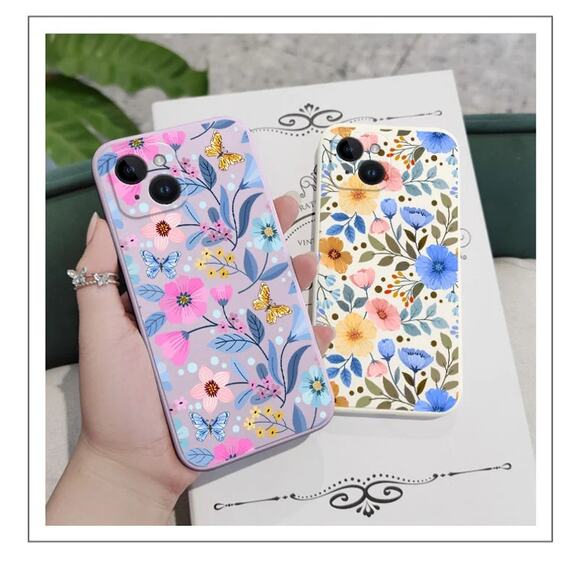 Purple Silicone iPhone 15 Pro Case with Pink and Blue Floral Design - Picture 4 of 6